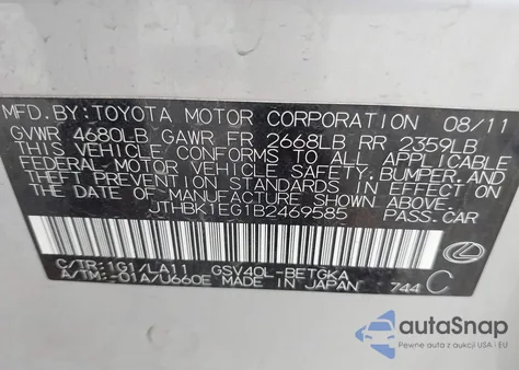 2011 Lexus Es 350 z USA, uszkodzony, nr VIN JTHBK1EG1B2469585